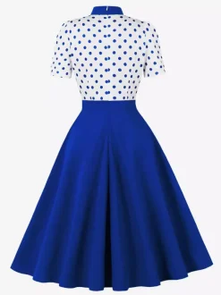 Polka Dot Patchwork Bow Tie Neck Short Sleeve Retro Swing Dress For Women 2026