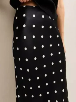 Polka Dot Satin Midi Skirt High Waist Slim Fit Lace Hem Elegant Formal Party Pencil Skirt