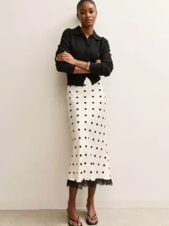 Polka Dot Satin Midi Skirt High Waist Slim Fit Lace Hem Elegant Formal Party Pencil Skirt