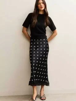 Polka Dot Satin Midi Skirt High Waist Slim Fit Lace Hem Elegant Formal Party Pencil Skirt