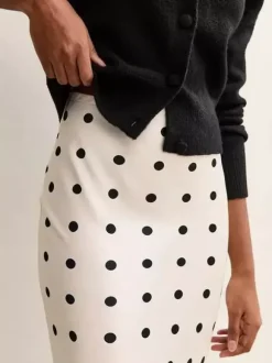 Polka Dot Satin Midi Skirt High Waist Slim Fit Lace Hem Elegant Formal Party Pencil Skirt