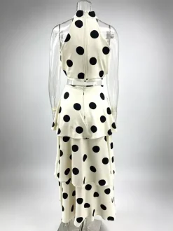 Polka Dot Skirt Two Piece Set For Women - Retro Halter Neck Crop Top And Tiered Maxi Skirt - Summer Garden Party 2026
