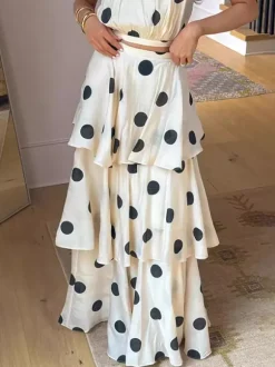 Polka Dot Skirt Two Piece Set For Women - Retro Halter Neck Crop Top And Tiered Maxi Skirt - Summer Garden Party 2026