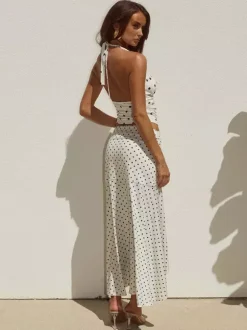 Polka Dot Two Piece Set For Women - White Halter Cowl Neck Top And Ruffled Low High Maxi Skirt - Summer Beach Vacation 2026