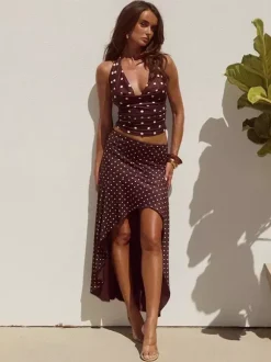 Polka Dot Two Piece Set For Women - White Halter Cowl Neck Top And Ruffled Low High Maxi Skirt - Summer Beach Vacation 2026