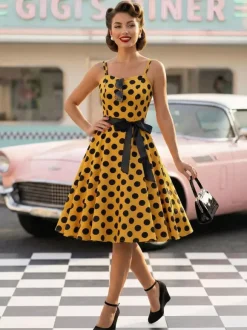 Polka Dot Vintage Midi Swing Dress for Women - 1950s A-Line Belted Rockabilly Slip Sun Dress - Summer Holiday Party 2026