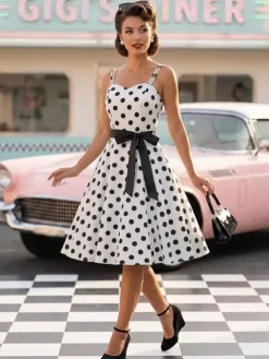 Polka Dot Vintage Midi Swing Dress for Women - 1950s A-Line Belted Rockabilly Slip Sun Dress - Summer Holiday Party 2026