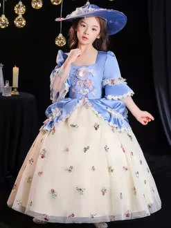 Polyester Fiber Tea Party 3/4 Length Sleeves Polyester Jumpsuit Gothic Aqua Kids' Lolita Dresses