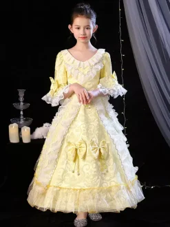 Polyester Fiber Tea Party Bows 3/4 Length Sleeves Polyester Jumpsuit ROCOCO Style Blond Kids' Lolita Dresses