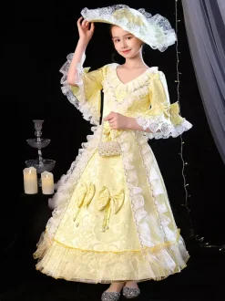 Polyester Fiber Tea Party Bows 3/4 Length Sleeves Polyester Jumpsuit ROCOCO Style Blond Kids' Lolita Dresses