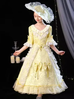 Polyester Fiber Tea Party Bows 3/4 Length Sleeves Polyester Jumpsuit ROCOCO Style Blond Kids' Lolita Dresses