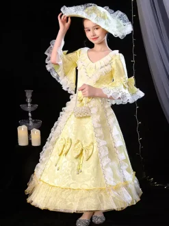 Polyester Fiber Tea Party Bows 3/4 Length Sleeves Polyester Jumpsuit ROCOCO Style Blond Kids' Lolita Dresses
