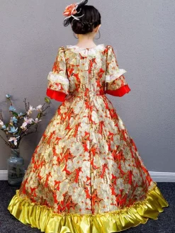 Polyester Fiber Tea Party Bows 3/4 Length Sleeves Polyester Fall Dress Floral Print Gothic Kids' Lolita Dresses