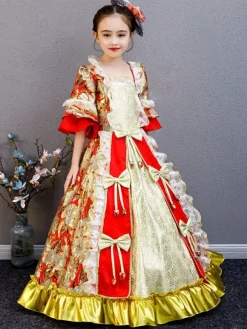 Polyester Fiber Tea Party Bows 3/4 Length Sleeves Polyester Fall Dress Floral Print Gothic Kids' Lolita Dresses