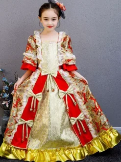 Polyester Fiber Tea Party Bows 3/4 Length Sleeves Polyester Fall Dress Floral Print Gothic Kids' Lolita Dresses