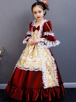 Polyester Fiber Tea Party Draped 3/4 Length Sleeves Polyester Summer Dress Floral Print Burgundy Kids' Lolita Dresses