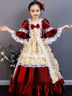 Polyester Fiber Tea Party Draped 3/4 Length Sleeves Polyester Summer Dress Floral Print Burgundy Kids' Lolita Dresses