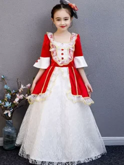Polyester Fiber Tea Party Lace 3/4 Length Sleeves Polyester Jumpsuit ROCOCO Style Red Kids' Lolita Dresses