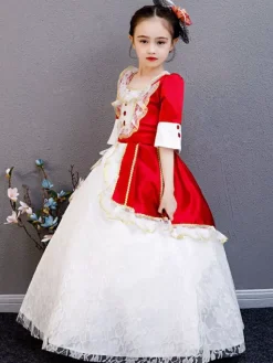 Polyester Fiber Tea Party Lace 3/4 Length Sleeves Polyester Jumpsuit ROCOCO Style Red Kids' Lolita Dresses