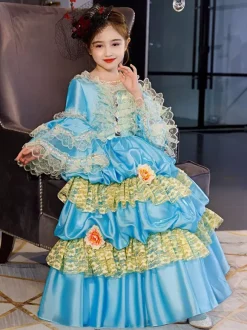 Polyester Fiber Tea Party Ruffles 3/4 Length Sleeves Polyester Dress ROCOCO Style Blue Kids' Lolita Dresses