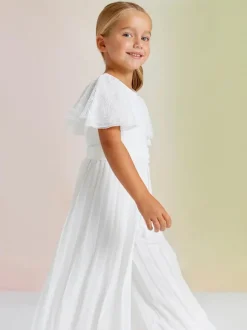 Princess Formal Party Dress Ivory Short Sleeves Sash Flower Girl Dress
