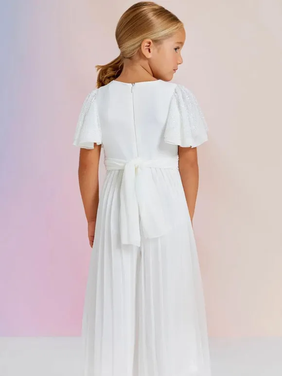 Princess Formal Party Dress Ivory Short Sleeves Sash Flower Girl Dress