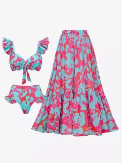 Printed Ruffled Strap Bikini And Maxi Skirt 3-Piece Swimsuit Set For Summer 2026