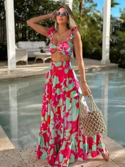 Printed Ruffled Strap Bikini And Maxi Skirt 3-Piece Swimsuit Set For Summer 2026