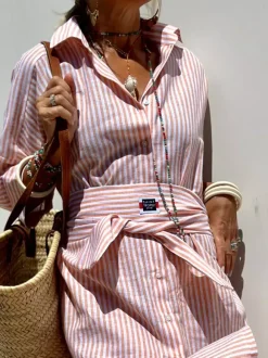 Printed Shirt Dress For Women - Casual Collared Button Down Tie Waist Midi Kaftan - Summer Beach Resort 2026