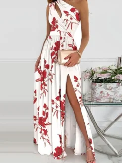 Printed Maxi Dress One-Shoulder Cutout High-Slit Prom Dresses
