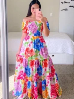 Printed Off Shoulder Smocked Maxi Dress for Women - Short Sleeves Tiered A-Line Sun Dress - Summer Beach Vacation 2026