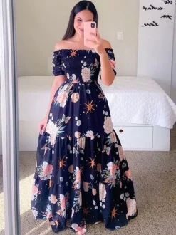 Printed Off Shoulder Smocked Maxi Dress for Women - Short Sleeves Tiered A-Line Sun Dress - Summer Beach Vacation 2026