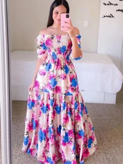 Printed Off Shoulder Smocked Maxi Dress for Women - Short Sleeves Tiered A-Line Sun Dress - Summer Beach Vacation 2026