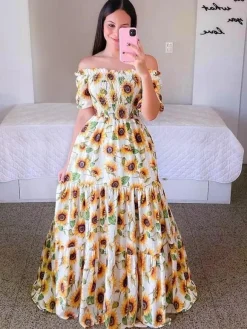 Printed Off Shoulder Smocked Maxi Dress for Women - Short Sleeves Tiered A-Line Sun Dress - Summer Beach Vacation 2026