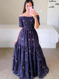 Printed Off Shoulder Smocked Maxi Dress for Women - Short Sleeves Tiered A-Line Sun Dress - Summer Beach Vacation 2026
