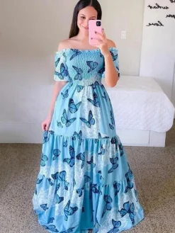 Printed Off Shoulder Smocked Maxi Dress for Women - Short Sleeves Tiered A-Line Sun Dress - Summer Beach Vacation 2026