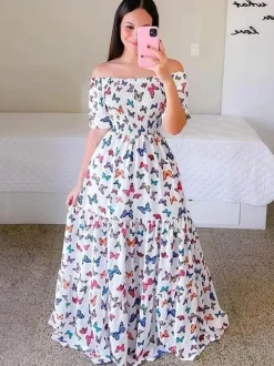 Printed Off Shoulder Smocked Maxi Dress for Women - Short Sleeves Tiered A-Line Sun Dress - Summer Beach Vacation 2026