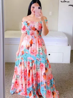 Printed Off Shoulder Smocked Maxi Dress for Women - Short Sleeves Tiered A-Line Sun Dress - Summer Beach Vacation 2026