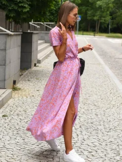 Printed Wrap Dress V-Neck Short Sleeves Belted Casual Summer Midi Dresses