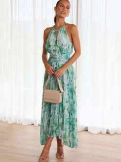 Print Maxi Dresses Floral Sleeveless Halter Elegant Layered Pleated Backless Long Summer Dresses