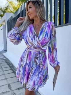 Print Short Dress Surplice Neckline Belted Lantern Sleeves Mini Dresses