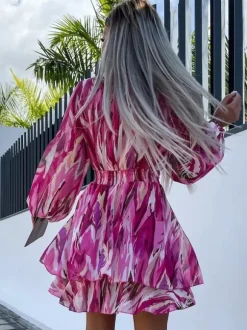 Print Short Dress Surplice Neckline Belted Lantern Sleeves Mini Dresses