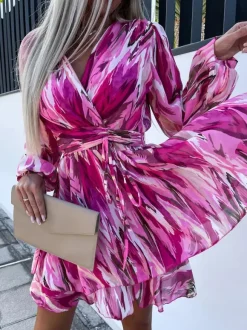 Print Short Dress Surplice Neckline Belted Lantern Sleeves Mini Dresses