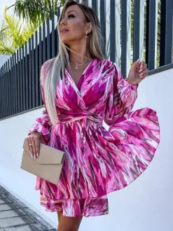 Print Short Dress Surplice Neckline Belted Lantern Sleeves Mini Dresses