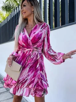 Print Short Dress Surplice Neckline Belted Lantern Sleeves Mini Dresses
