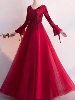 Prom Dress 2026 Burgundy V-Neck A-Line Long Sleeves Beaded Lace-Up Lace Tulle Wedding Guest Dresses