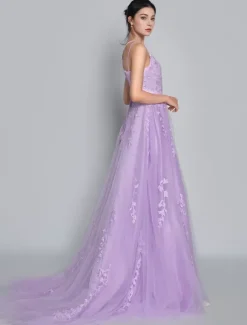 Prom Dress 2026 Lavender A-Line V-Neck Sleeveless Lace-Up Backless Criss-Cross Long Lace Party Dresses Wedding Guest Dresses Free Customization