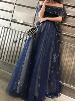 Prom Dress 2026 Navy Blue Short Sleeves A-Line Off The Shoulder Floor Length Lace-Up Ruffles Party Dresses Free Customization