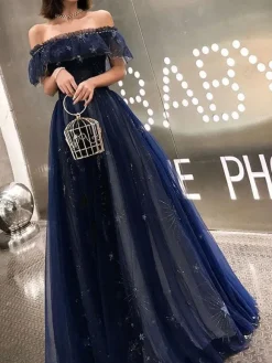 Prom Dress 2026 Navy Blue Short Sleeves A-Line Off The Shoulder Floor Length Lace-Up Ruffles Party Dresses Free Customization