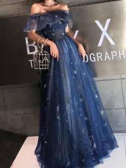 Prom Dress 2026 Navy Blue Short Sleeves A-Line Off The Shoulder Floor Length Lace-Up Ruffles Party Dresses Free Customization